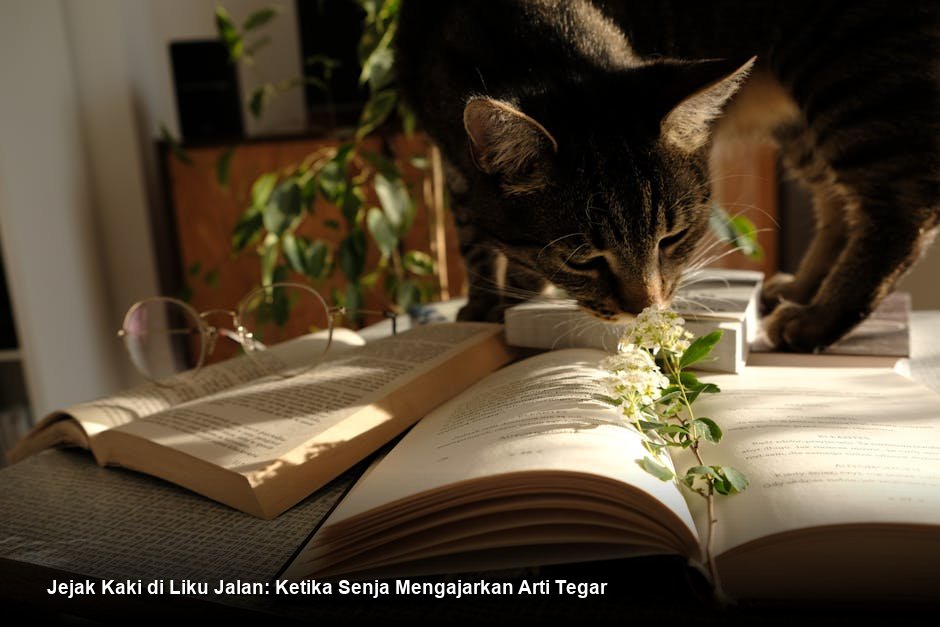 Siluet seseorang berdiri di tepi tebing saat matahari terbenam, menatap ke depan dengan ekspresi tenang namun penuh tekad.