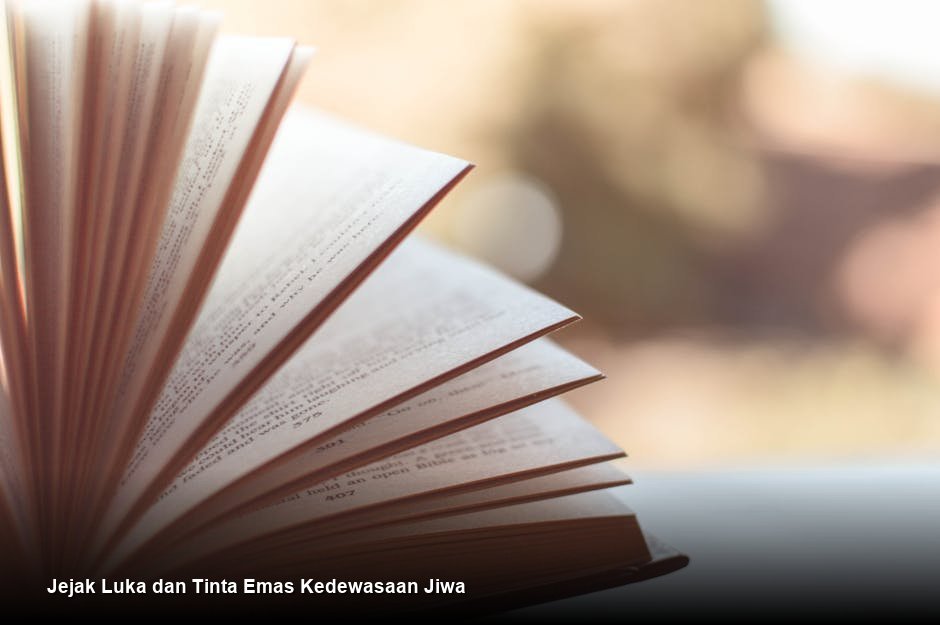 Seorang wanita muda berdiri di puncak bukit saat matahari terbit, memegang buku tua yang terbuka, dengan latar belakang langit yang dramatis.
