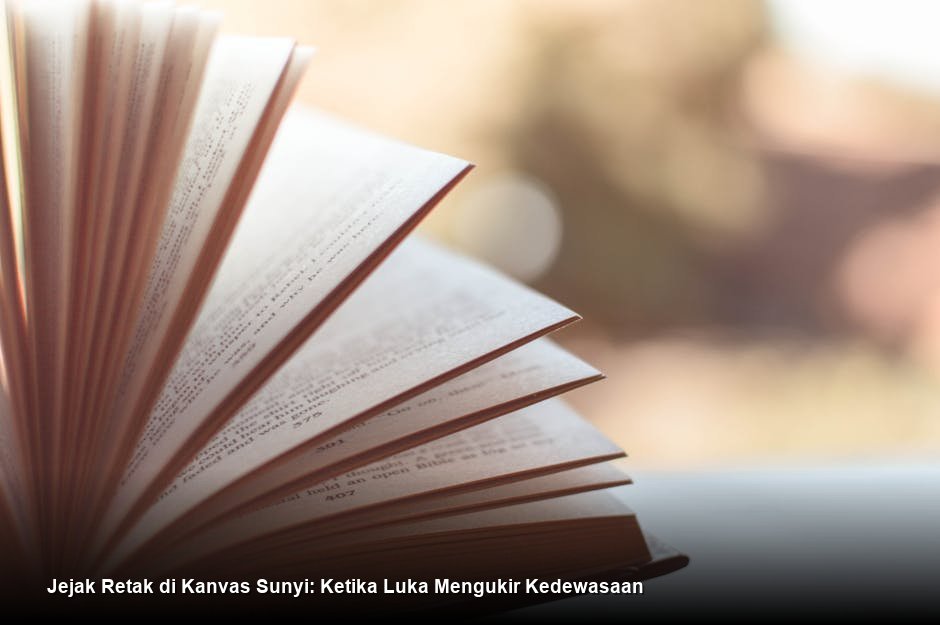 Ilustrasi tangan seseorang yang memegang pecahan kaca berwarna, di mana setiap pecahan memantulkan cahaya matahari terbit yang lembut.