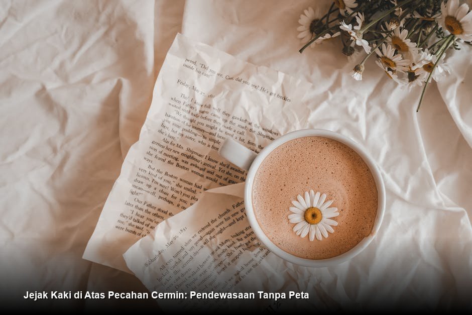 Seorang wanita muda berdiri di tepi tebing saat matahari terbit, memandang cakrawala luas dengan ekspresi tenang namun penuh tekad.