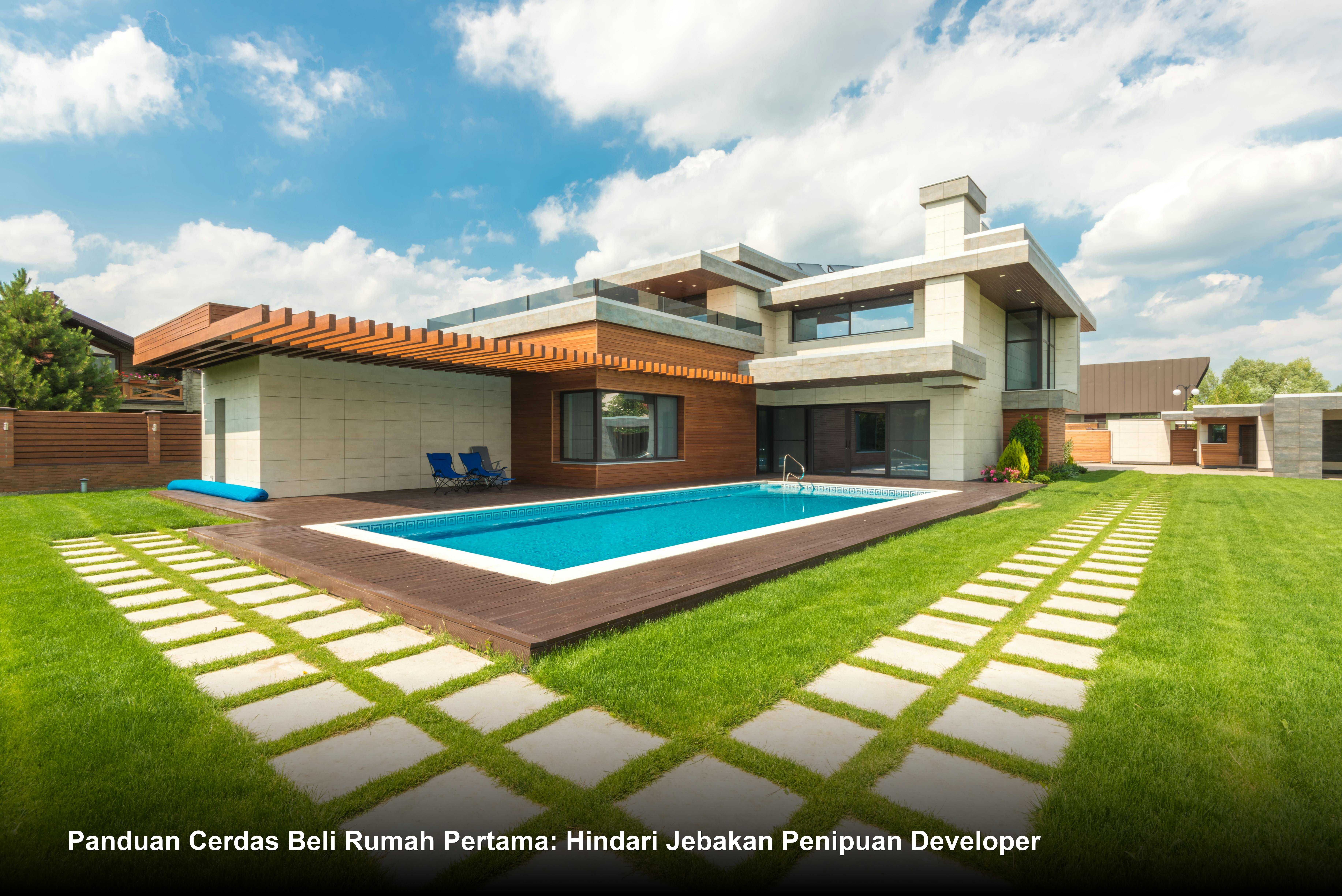 Ilustrasi proses penandatanganan akad kredit KPR di hadapan notaris dengan latar belakang maket rumah minimalis modern.