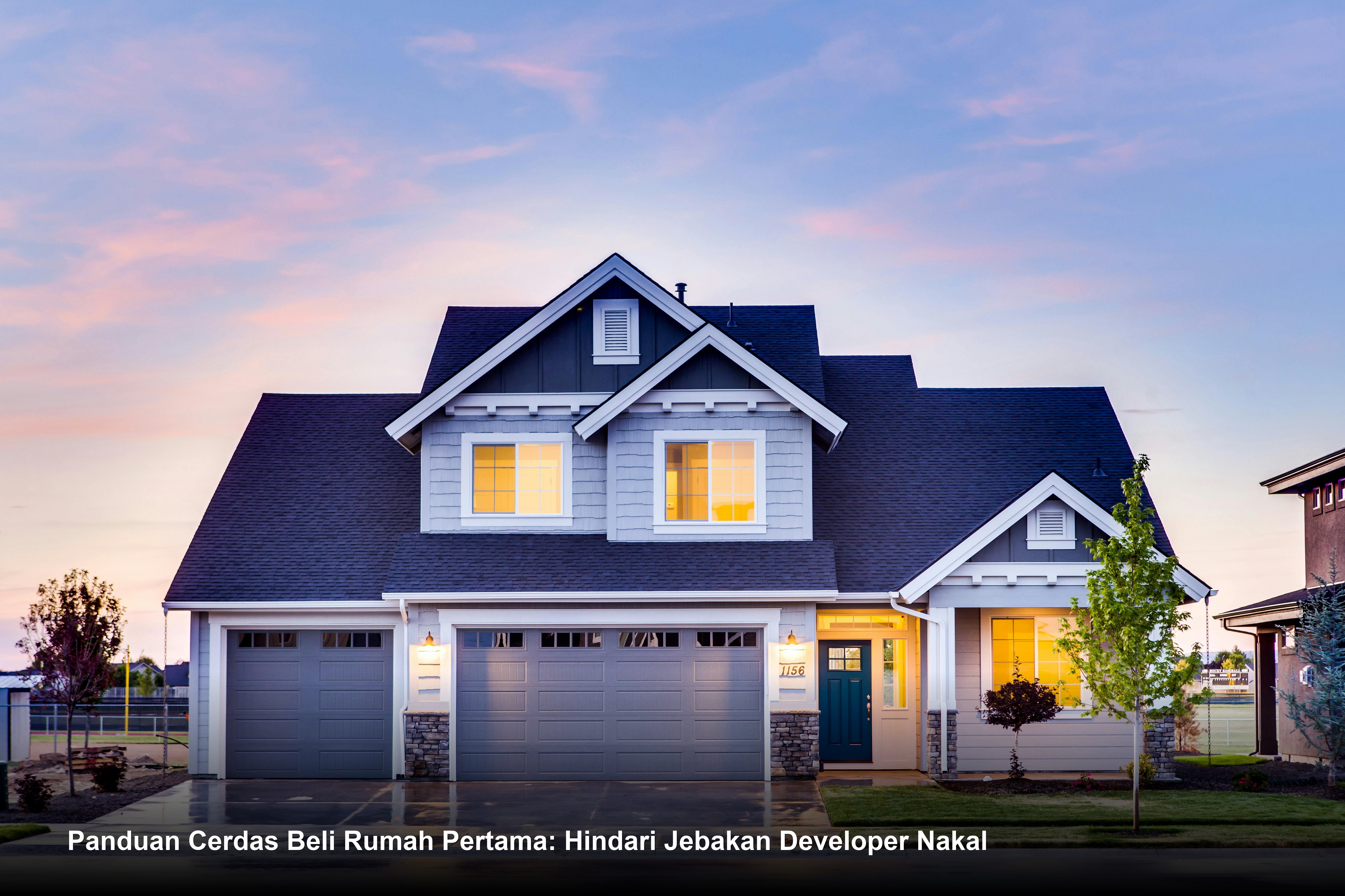 Pasangan muda sedang menandatangani dokumen akad kredit KPR di hadapan staf bank dengan latar belakang maket rumah minimalis modern.