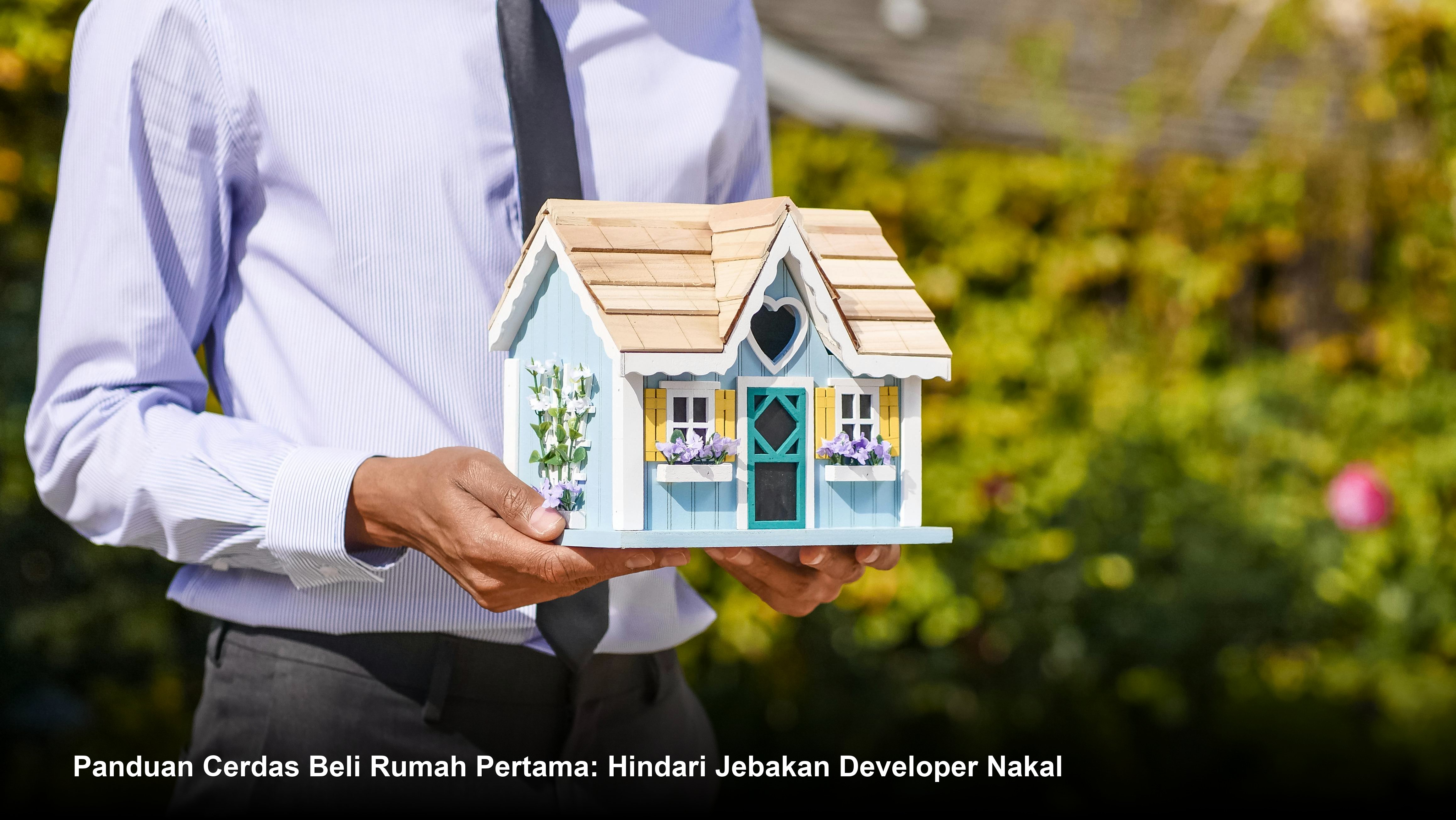 Seorang profesional properti sedang menjelaskan dokumen akad kredit KPR kepada pasangan muda di depan maket rumah minimalis modern.