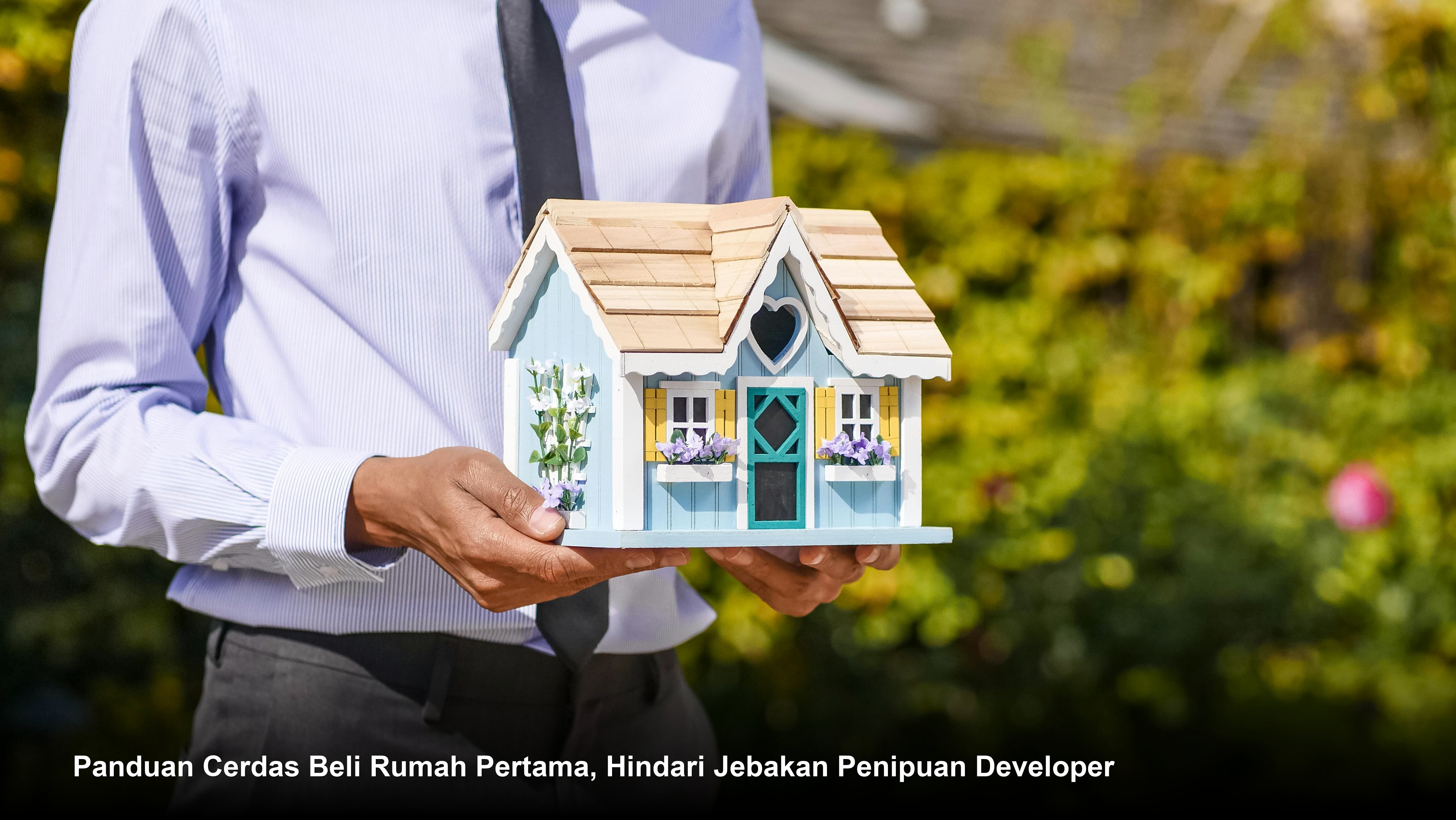 Pasangan muda sedang menandatangani dokumen akad kredit di hadapan petugas bank dengan latar belakang maket rumah minimalis modern.