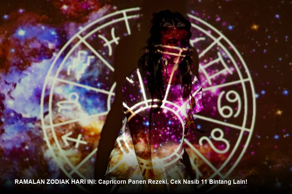 Ilustrasi abstrak galaksi dengan simbol-simbol rasi bintang yang bersinar lembut di latar belakang biru tua.