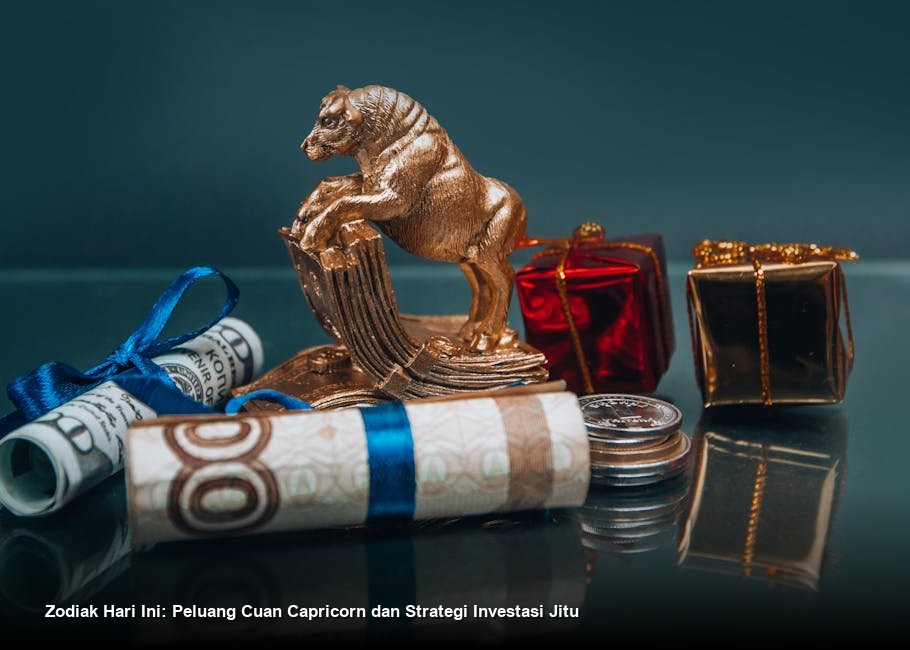 Ilustrasi estetik rasi bintang Capricorn yang bersinar keemasan di antara gugusan galaksi yang melambangkan kemakmuran finansial.