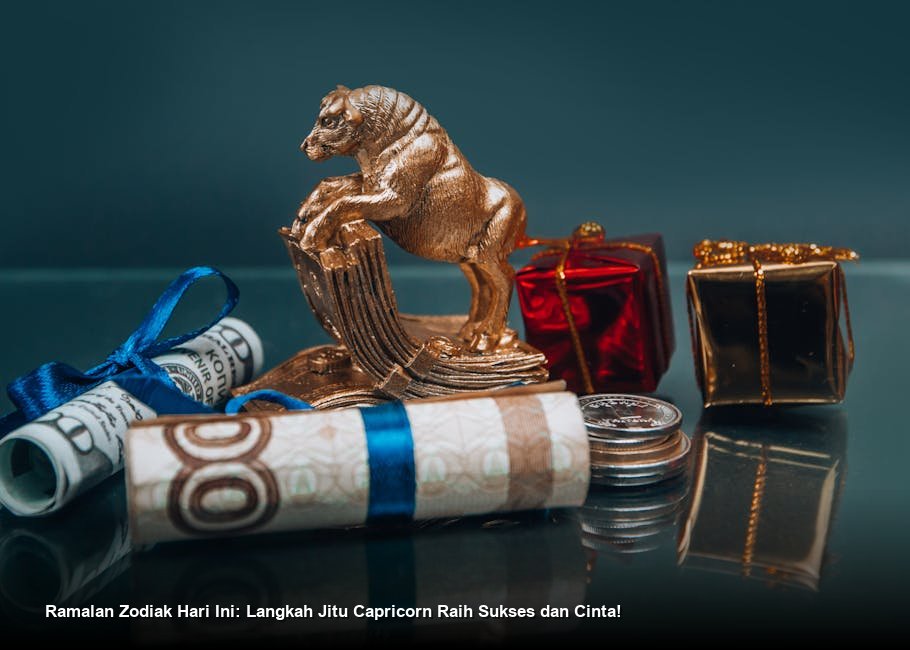 Ilustrasi rasi bintang Capricorn yang tegas dan elegan dihiasi kilauan debu kosmik.