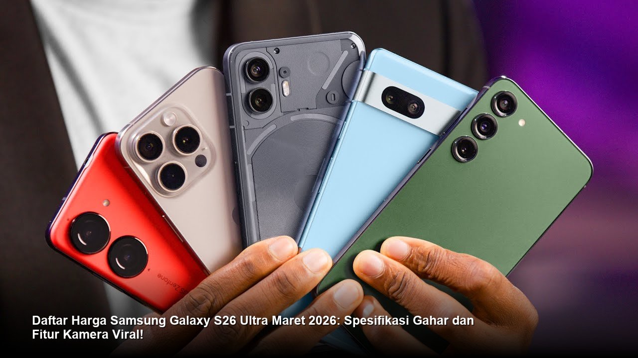 Samsung Galaxy S26 Ultra berwarna Titanium Emerald diletakkan di atas meja kaca minimalis dengan pantulan cahaya studio yang menonjolkan modul kamera besarnya.
