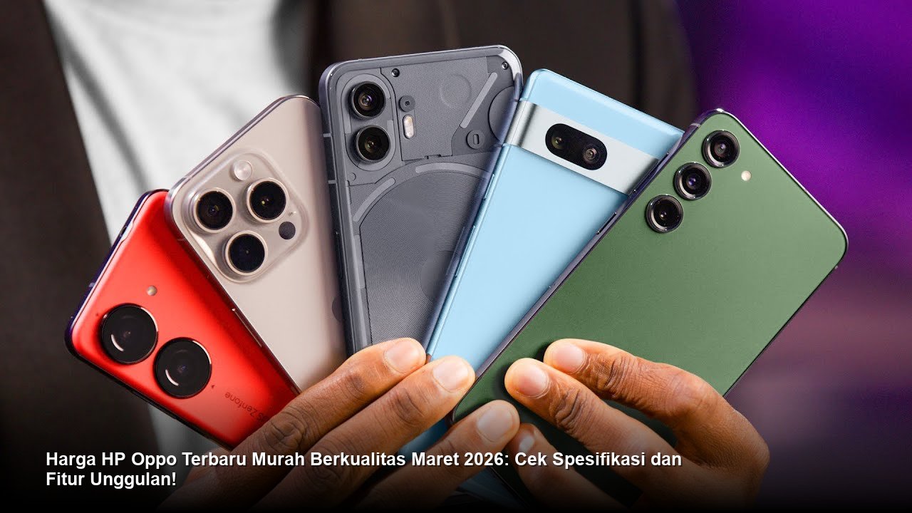 Tampilan smartphone modern Oppo dengan bingkai tipis dan modul kamera elegan di latar belakang studio foto yang bersih.