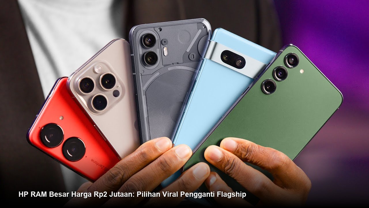 Tumpukan beberapa model ponsel pintar terbaru yang tampil menarik di atas meja dengan sorotan lampu studio.