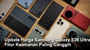 Foto studio Samsung Galaxy S26 Ultra dengan bodi titanium yang elegan berkilau di bawah cahaya lembut, menampilkan modul kamera futuristik di latar belakang yang bersih dan minimalis.