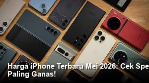 Tampilan elegan iPhone terbaru berwarna biru safir diletakkan di atas meja kaca dengan pencahayaan studio yang dramatis.