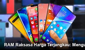 Tumpukan beberapa smartphone modern dengan latar belakang diagram performa yang menunjukkan peningkatan kapasitas memori.