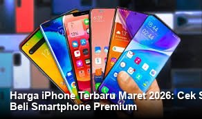 Tampilan elegan iPhone terbaru dengan bodi metalik ramping yang dipajang di atas alas studio minimalis berwarna putih.
