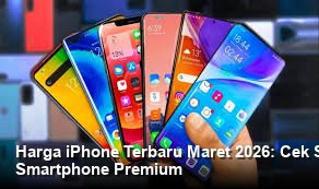 Tampilan elegan dari iPhone terbaru dengan bodi *titanium* yang ramping diletakkan di atas meja *marble* putih dalam sebuah studio foto profesional.