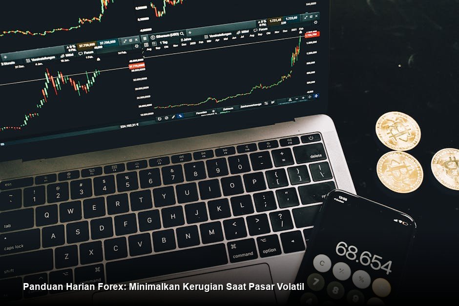 Tampilan chart harga candlestick yang kompleks dengan overlay indikator teknikal bergerak cepat di layar monitor profesional.