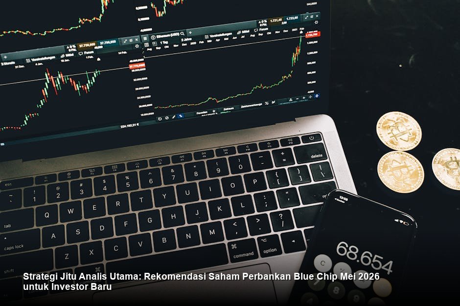 Ilustrasi canggih menampilkan grafik tren harga saham berwarna hijau yang menanjak tajam di layar bursa saham modern.