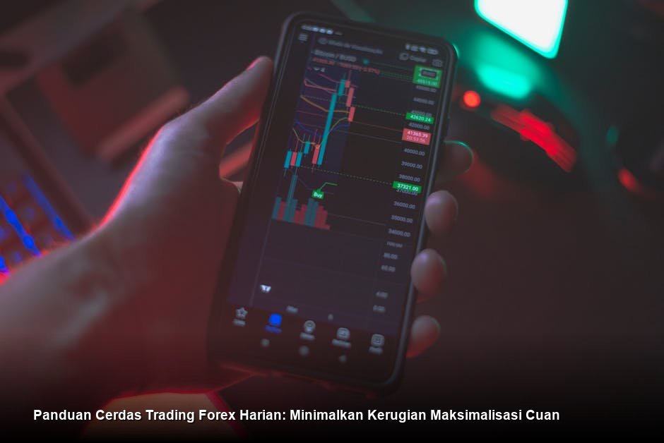 Deskripsi chart harga dengan indikator warna-warni di layar laptop yang tampak profesional, menampilkan garis tren yang jelas dan level support resistance.