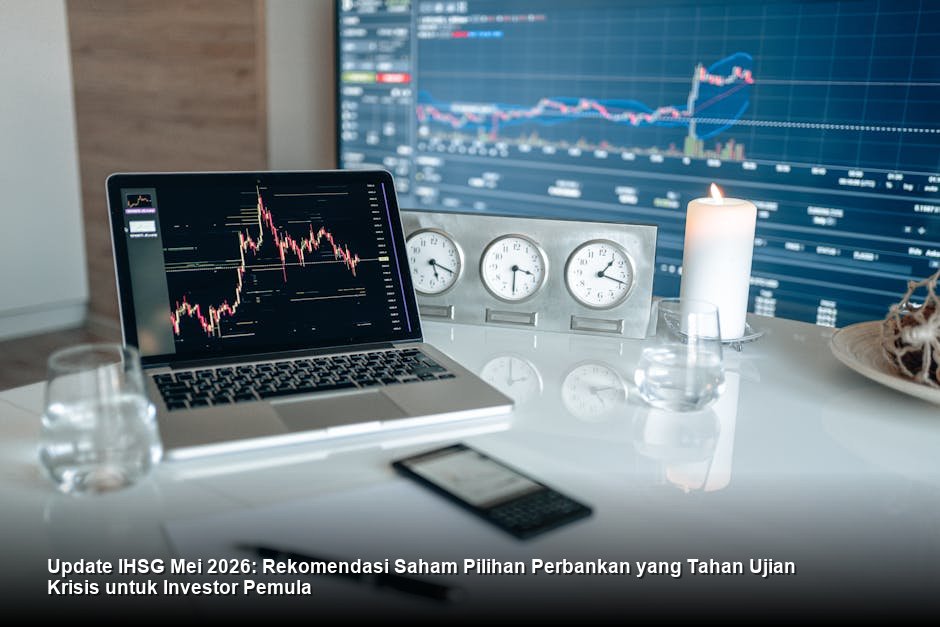 Grafik lilin (candlestick chart) berwarna hijau menunjukkan tren kenaikan harga saham perbankan biru di lantai bursa saham yang modern dan futuristik.