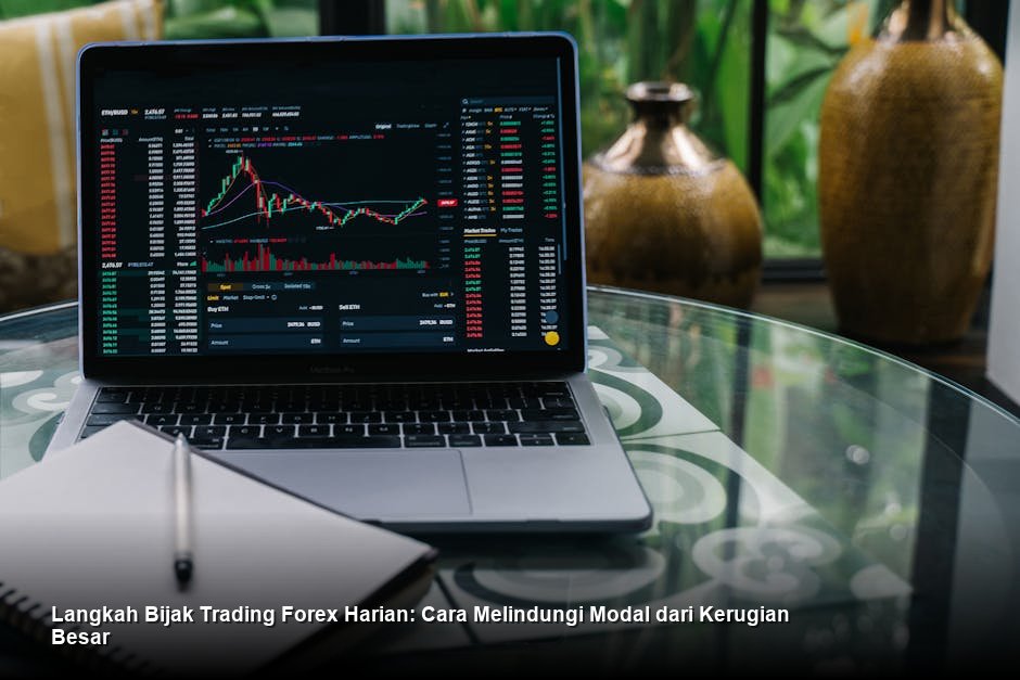 Tampilan layar laptop yang menunjukkan chart candlestick profesional dengan indikator Moving Average berwarna-warni dan perangkat analisis teknikal di meja kerja yang rapi.